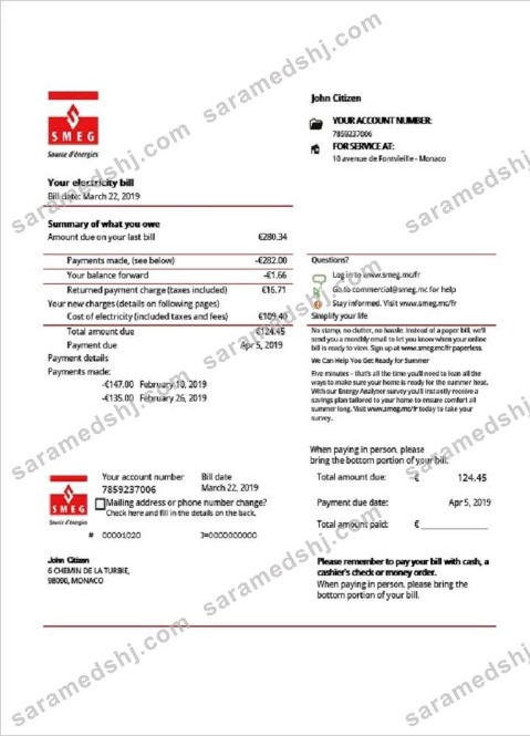 Monaco SMEG electricity utility bill template in Word and PDF format